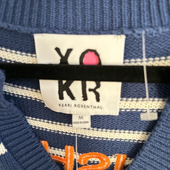 NWT KERRI ROSENTHAL knit striped embroidered font graphic V neck knit sweater M - Picture 3 of 12